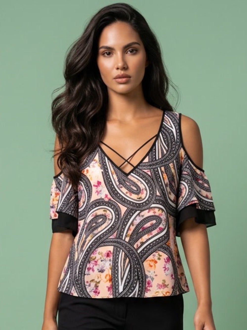 Bisou Bisou Michele Bohbot Multicolor Paisley Cold Shoulder Blouse M